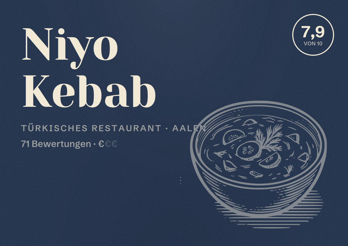 Illustriertes Poster von Niyo Kebab, Türkisches Restaurant in Aalen: Bewertung 7,9 von 10 aus 71 Bewertungen, Preisniveau €