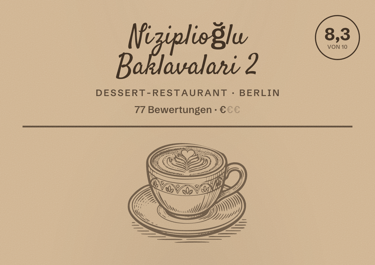 Illustriertes Poster von Niziplioğlu Baklavalari 2, Dessert-Restaurant in Berlin: Bewertung 8,3 von 10 aus 77 Bewertungen, Preisniveau €