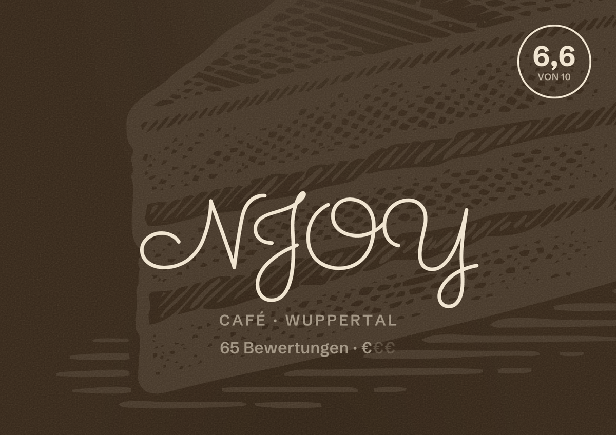 Illustriertes Poster von NJOY, Café in Wuppertal: Bewertung 6,6 von 10 aus 65 Bewertungen, Preisniveau €