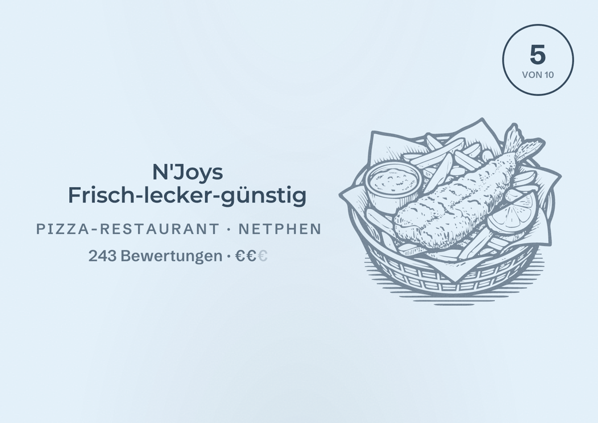 Illustriertes Poster von N'Joys Frisch-lecker-günstig, Pizza-Restaurant in Netphen: Bewertung 5 von 10 aus 243 Bewertungen, Preisniveau €€