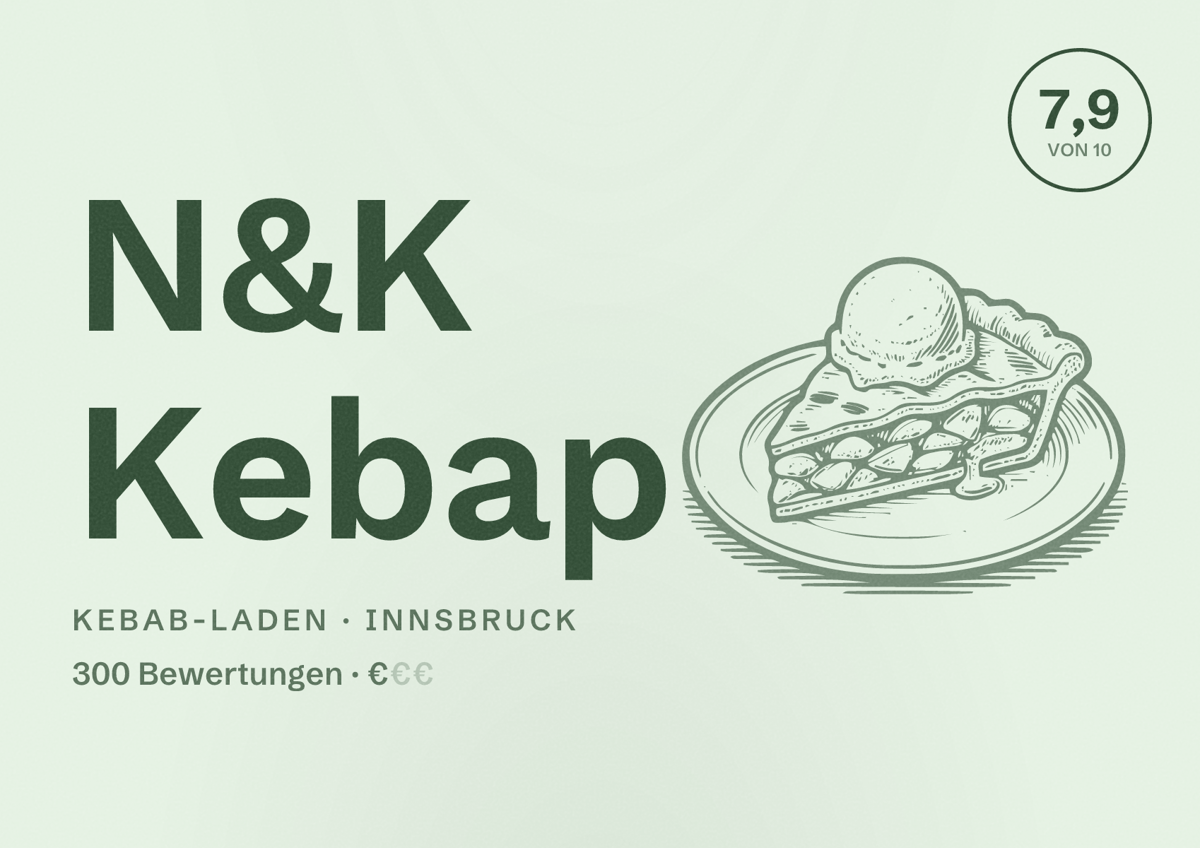 Illustriertes Poster von N&K Kebap, Kebab-Laden in Innsbruck: Bewertung 7,9 von 10 aus 300 Bewertungen, Preisniveau €