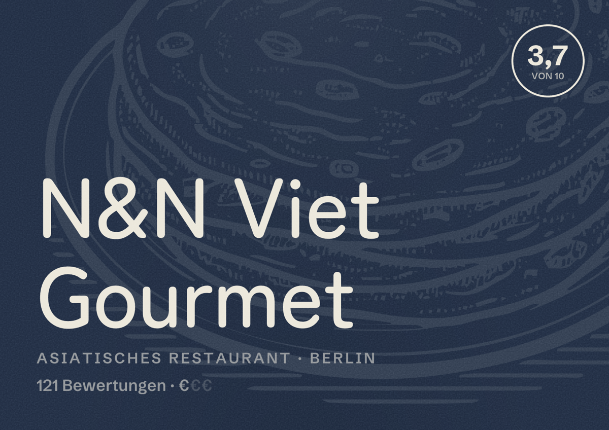 Illustriertes Poster von N&N Viet Gourmet, Asiatisches Restaurant in Berlin: Bewertung 3,7 von 10 aus 121 Bewertungen, Preisniveau €