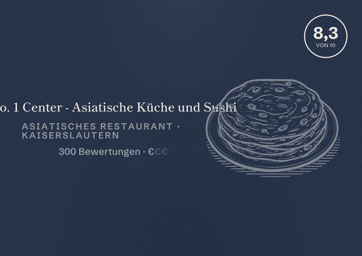 Illustriertes Poster von No. 1 Center - Asiatische Küche und Sushi, Asiatisches Restaurant in Kaiserslautern: Bewertung 8,3 von 10 aus 300 Bewertungen, Preisniveau €