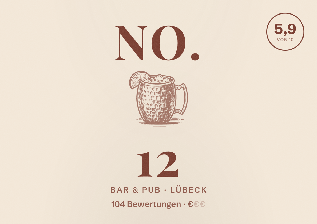 Illustriertes Poster von No. 12, Bar & Pub in Lübeck: Bewertung 5,9 von 10 aus 104 Bewertungen, Preisniveau €