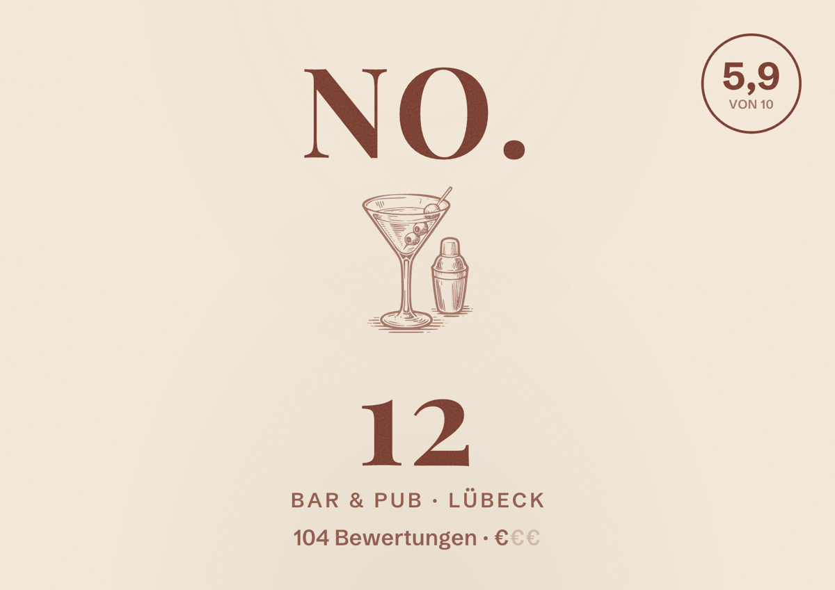Illustriertes Poster von No. 12, Bar & Pub in Lübeck: Bewertung 5,9 von 10 aus 104 Bewertungen, Preisniveau €