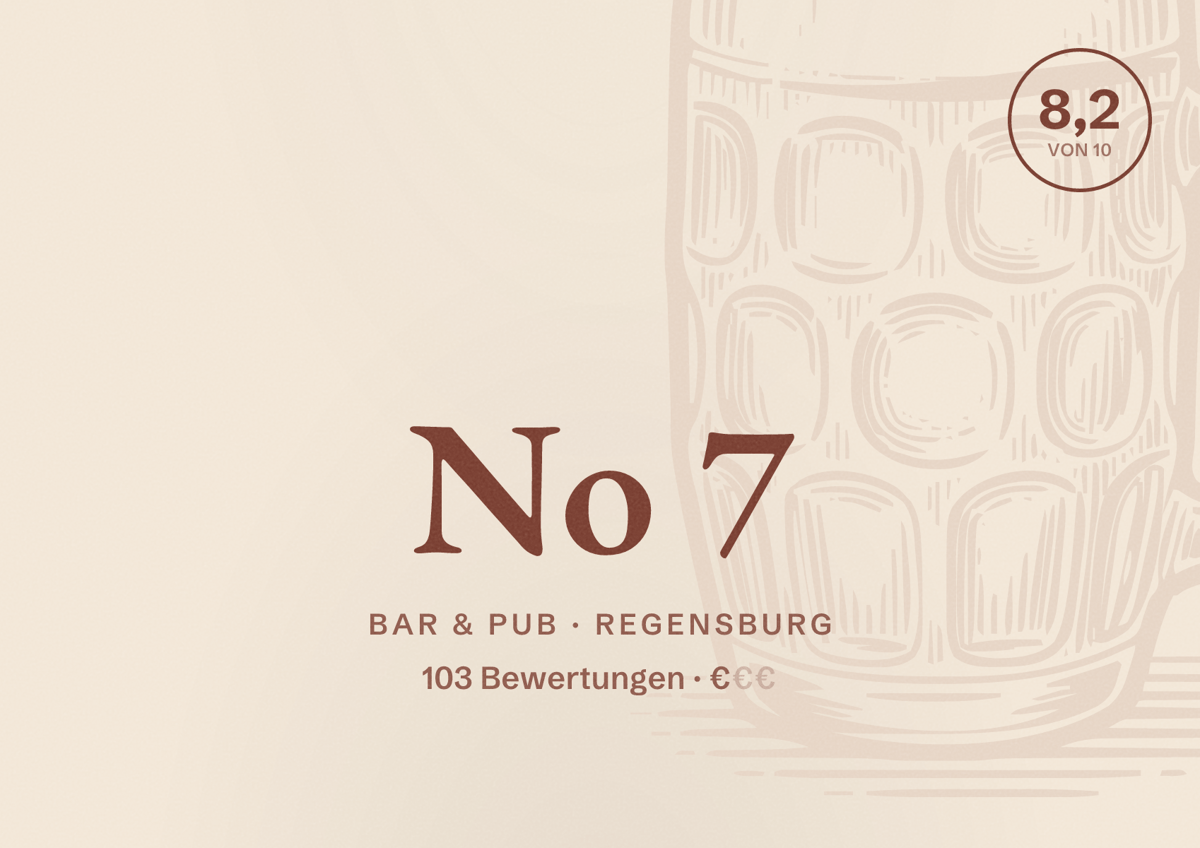 Illustriertes Poster von No 7, Bar & Pub in Regensburg: Bewertung 8,2 von 10 aus 103 Bewertungen, Preisniveau €