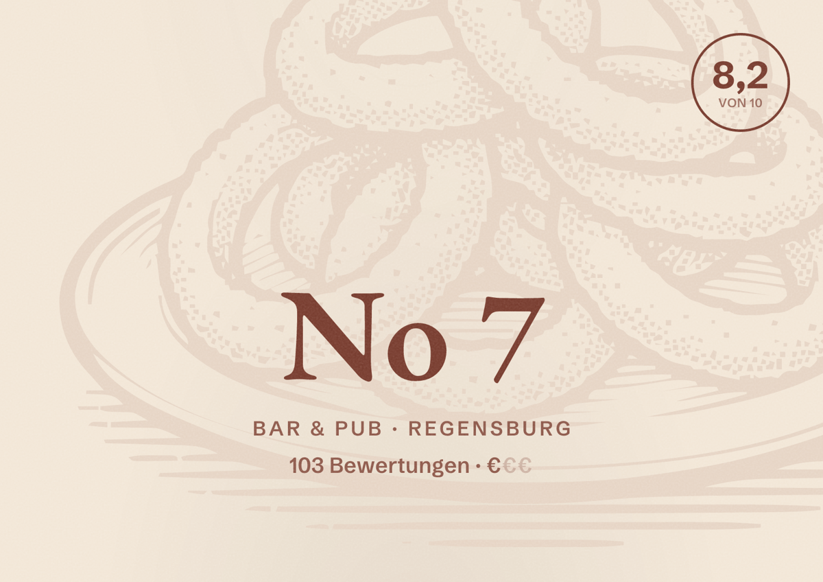 Illustriertes Poster von No 7, Bar & Pub in Regensburg: Bewertung 8,2 von 10 aus 103 Bewertungen, Preisniveau €