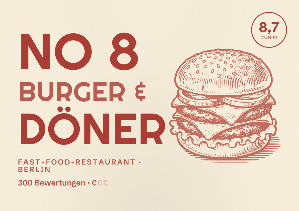 Illustriertes Poster von No 8 Burger & Döner, Fast-Food-Restaurant in Berlin: Bewertung 8,7 von 10 aus 300 Bewertungen, Preisniveau €