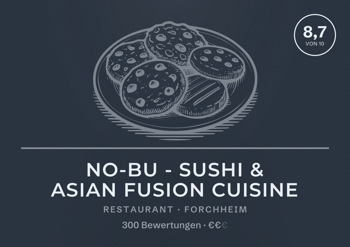 Illustriertes Poster von No-Bu - Sushi & Asian Fusion Cuisine, Restaurant in Forchheim: Bewertung 8,7 von 10 aus 300 Bewertungen, Preisniveau €€