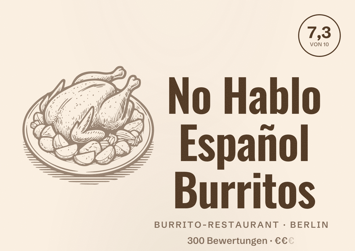 Illustriertes Poster von No Hablo Español Burritos, Burrito-Restaurant in Berlin: Bewertung 7,3 von 10 aus 300 Bewertungen, Preisniveau €€