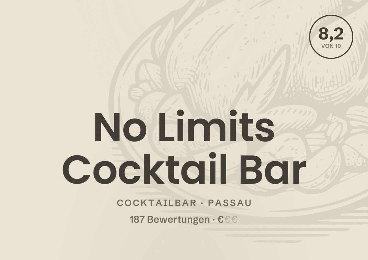 Illustriertes Poster von No Limits Cocktail Bar, Cocktailbar in Passau: Bewertung 8,2 von 10 aus 187 Bewertungen, Preisniveau €