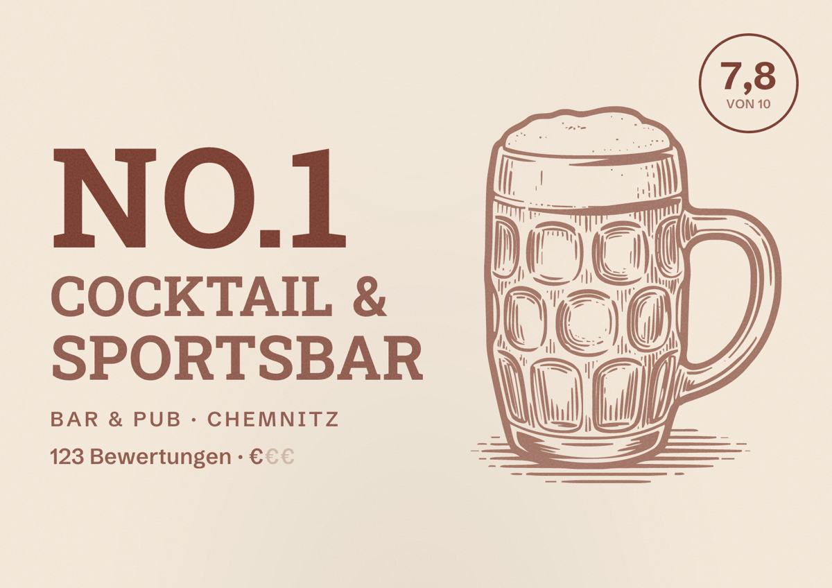 Illustriertes Poster von No.1 Cocktail & Sportsbar, Bar & Pub in Chemnitz: Bewertung 7,8 von 10 aus 123 Bewertungen, Preisniveau €