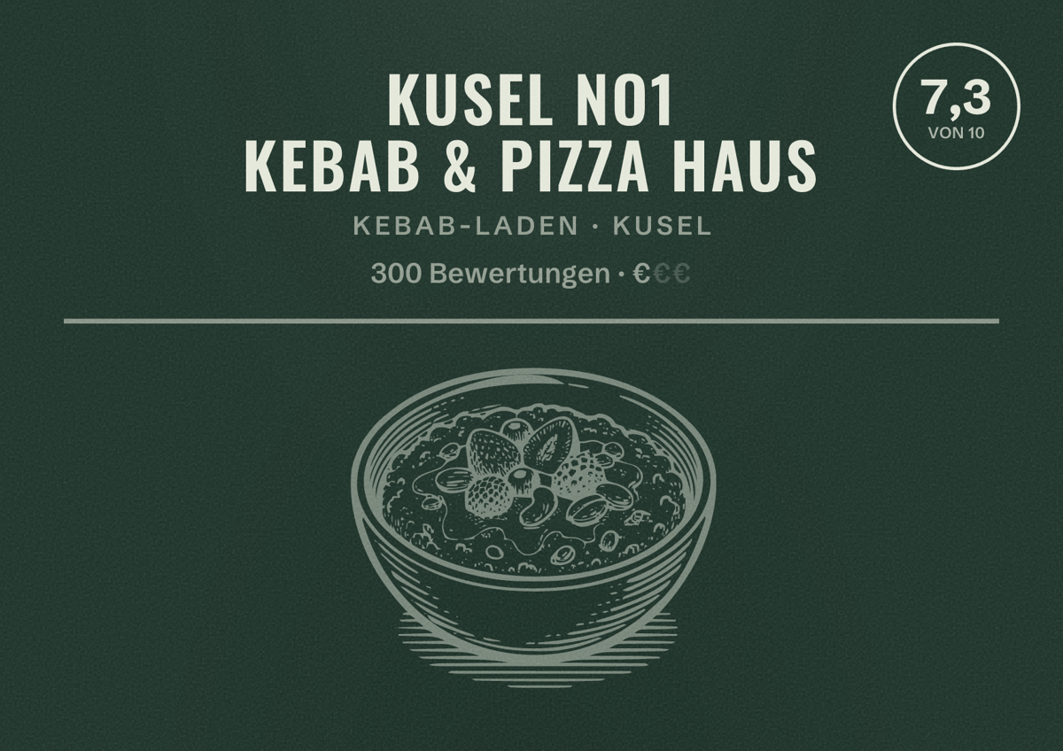 Illustriertes Poster von Kusel No1 Kebab & Pizza Haus, Kebab-Laden in Kusel: Bewertung 7,3 von 10 aus 300 Bewertungen, Preisniveau €