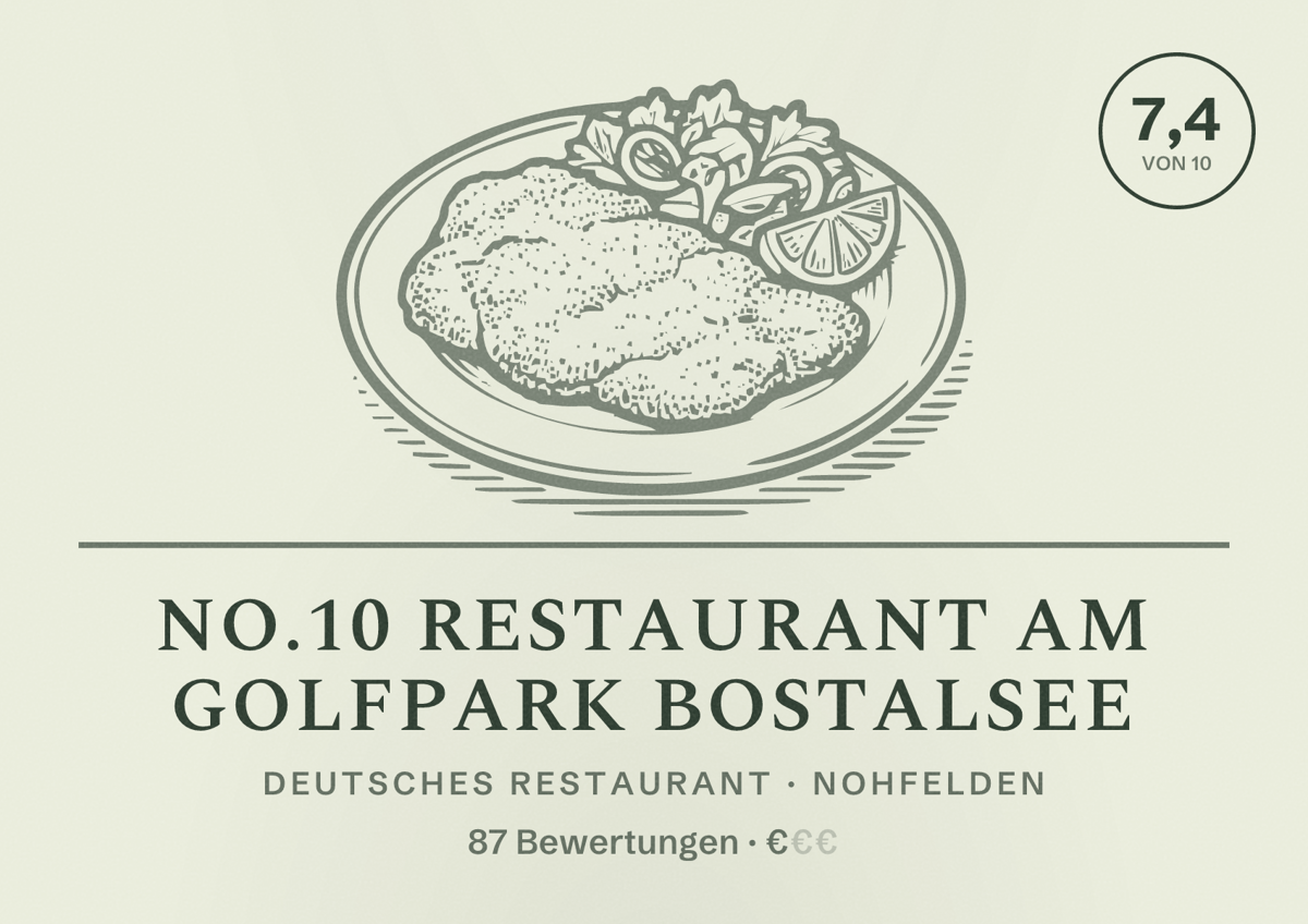 Illustriertes Poster von No.10 Restaurant am Golfpark Bostalsee, Deutsches Restaurant in Nohfelden: Bewertung 7,4 von 10 aus 87 Bewertungen, Preisniveau €