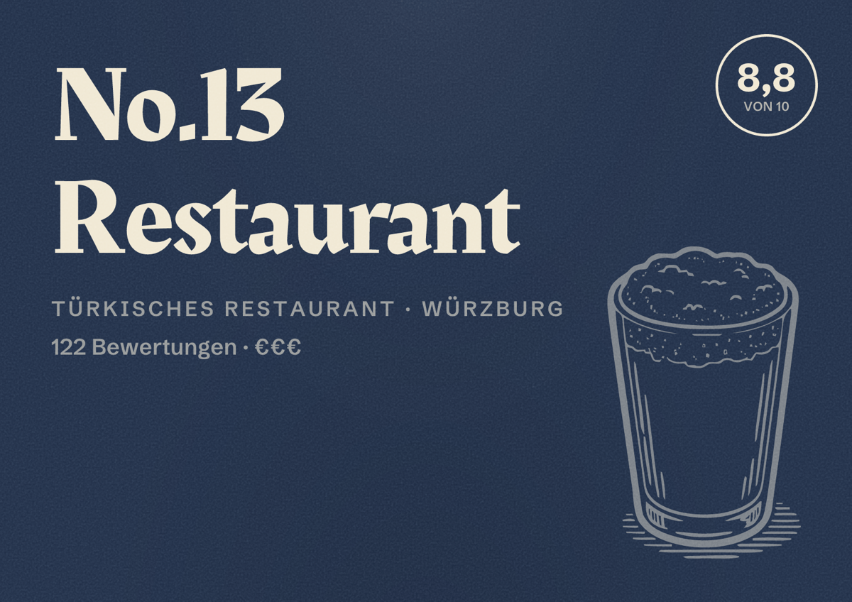 Illustriertes Poster von No.13 Restaurant, Türkisches Restaurant in Würzburg: Bewertung 8,8 von 10 aus 122 Bewertungen, Preisniveau €€€