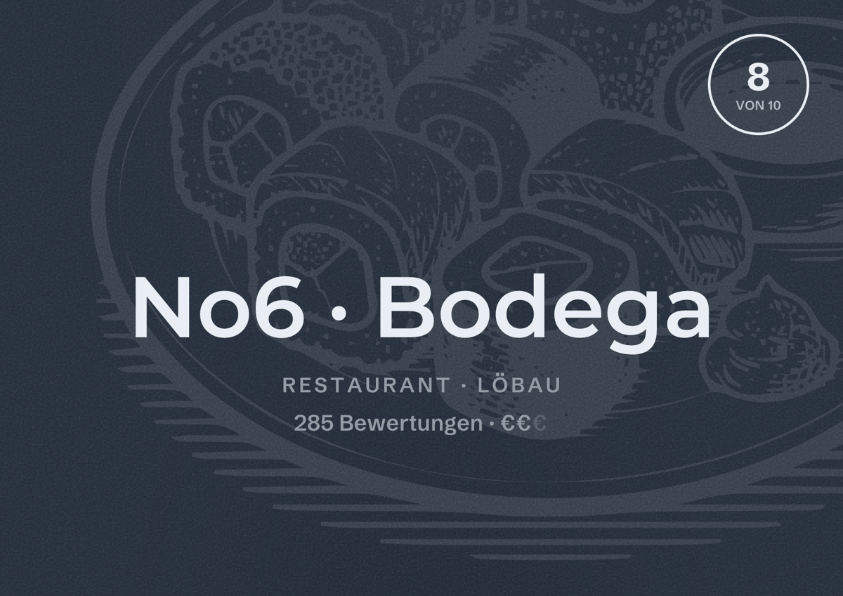 Illustriertes Poster von No6 Bodega, Restaurant in Löbau: Bewertung 8 von 10 aus 285 Bewertungen, Preisniveau €€