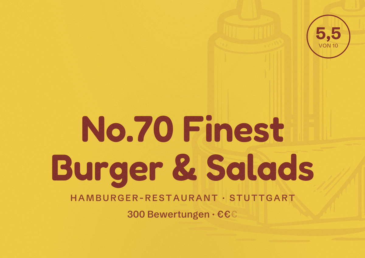 Illustriertes Poster von No.70 Finest Burger & Salads, Hamburger-Restaurant in Stuttgart: Bewertung 5,5 von 10 aus 300 Bewertungen, Preisniveau €€