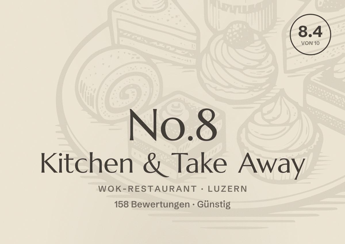 Illustriertes Poster von No.8 Kitchen & Take Away, Wok-Restaurant in Luzern: Bewertung 8.4 von 10 aus 158 Bewertungen, Preisniveau Günstig
