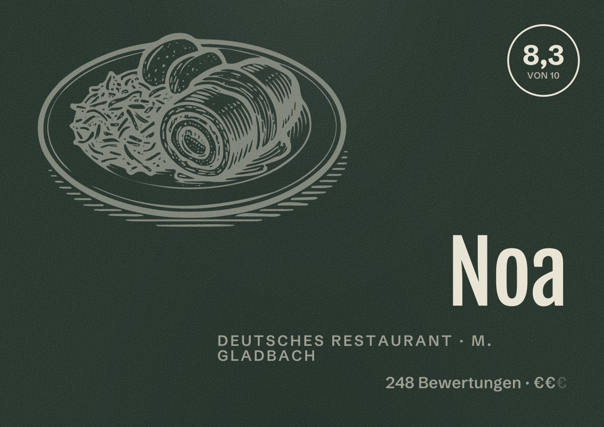 Illustriertes Poster von Noa, Deutsches Restaurant in M. Gladbach: Bewertung 8,3 von 10 aus 248 Bewertungen, Preisniveau €€