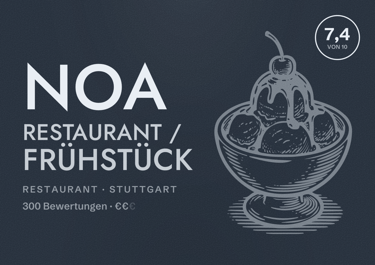 Illustriertes Poster von NOA Restaurant / Frühstück, Restaurant in Stuttgart: Bewertung 7,4 von 10 aus 300 Bewertungen, Preisniveau €€