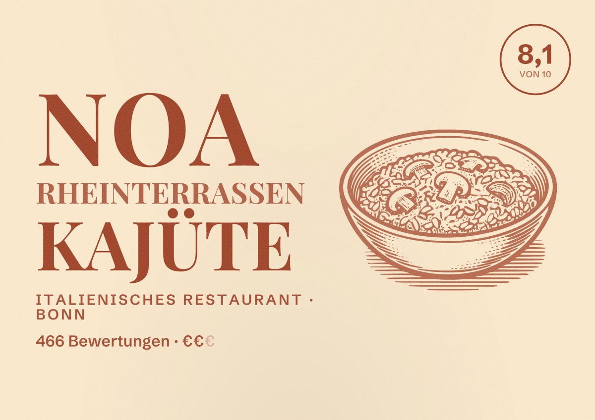 Illustriertes Poster von NOA Rheinterrassen Kajüte, Italienisches Restaurant in Bonn: Bewertung 8,1 von 10 aus 466 Bewertungen, Preisniveau €€