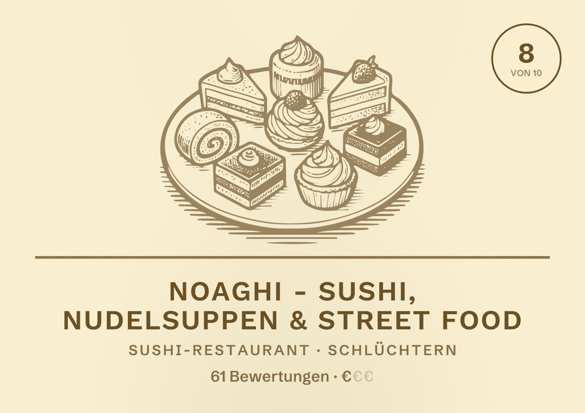 Illustriertes Poster von Noaghi - Sushi, Nudelsuppen & Street Food, Sushi-Restaurant in Schlüchtern: Bewertung 8 von 10 aus 61 Bewertungen, Preisniveau €