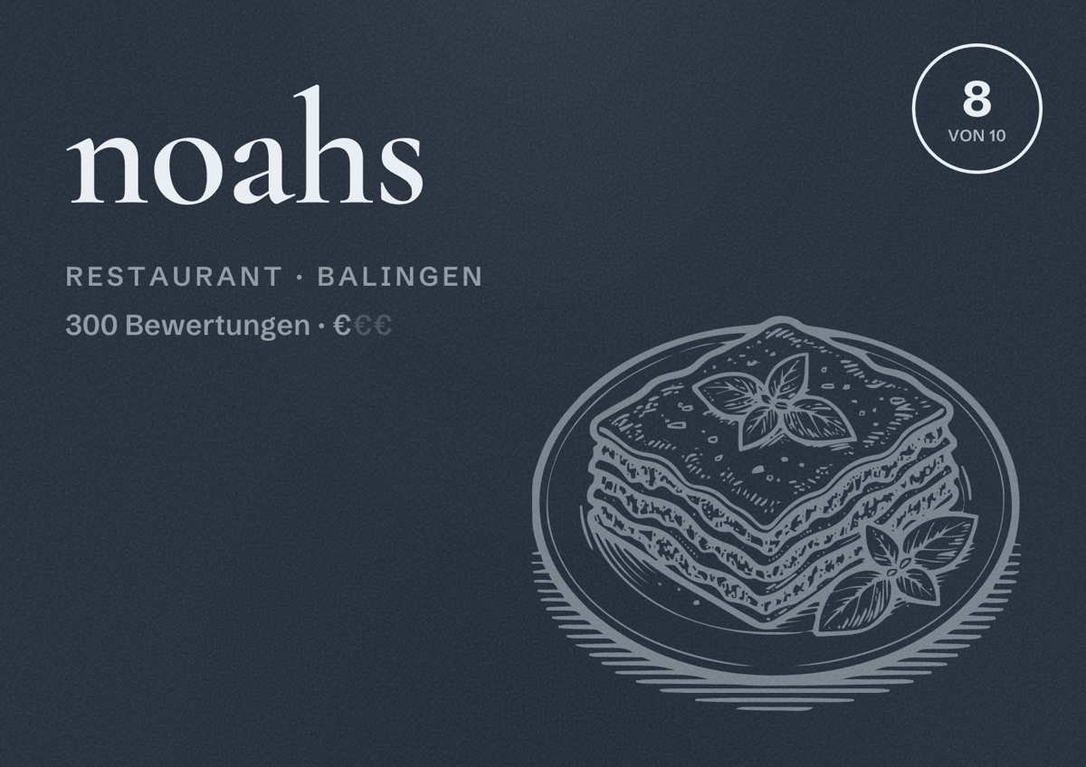 Illustriertes Poster von noahs, Restaurant in Balingen: Bewertung 8 von 10 aus 300 Bewertungen, Preisniveau €