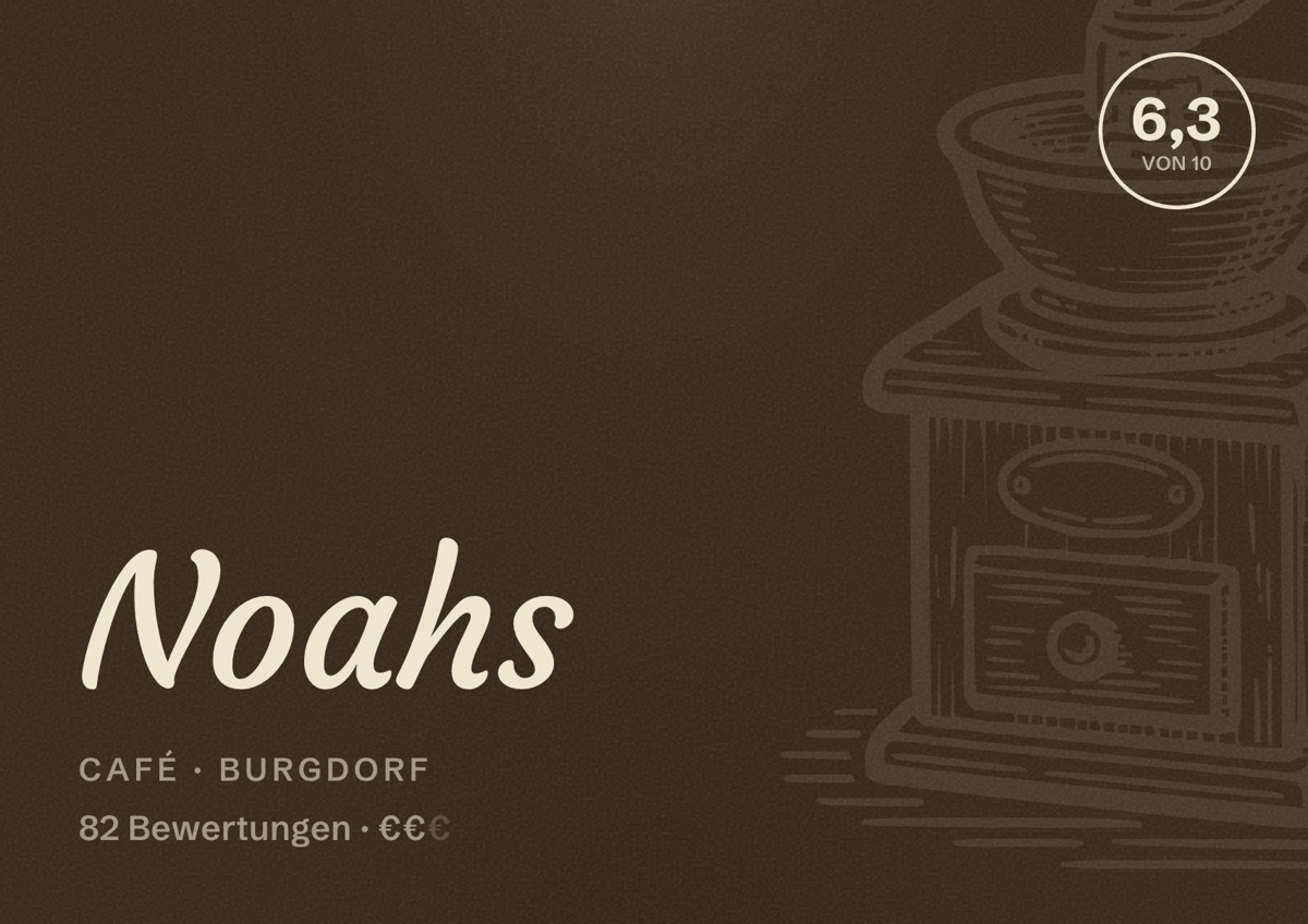 Illustriertes Poster von Noahs, Café in Burgdorf: Bewertung 6,3 von 10 aus 82 Bewertungen, Preisniveau €€