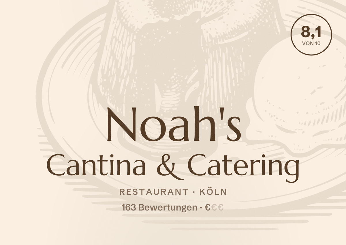 Illustriertes Poster von Noah's Cantina & Catering, Restaurant in Köln: Bewertung 8,1 von 10 aus 163 Bewertungen, Preisniveau €