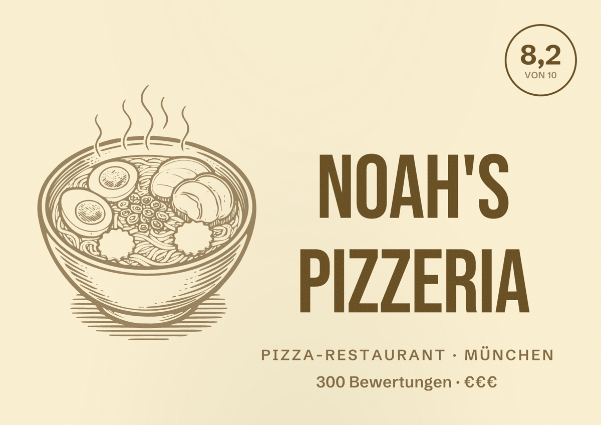 Illustriertes Poster von Noah's Pizzeria, Pizza-Restaurant in München: Bewertung 8,2 von 10 aus 300 Bewertungen, Preisniveau €€€