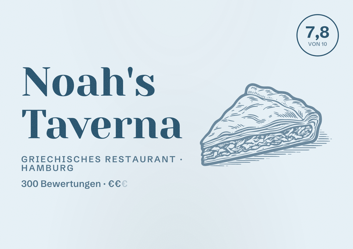 Illustriertes Poster von Noah's Taverna, Griechisches Restaurant in Hamburg: Bewertung 7,8 von 10 aus 300 Bewertungen, Preisniveau €€