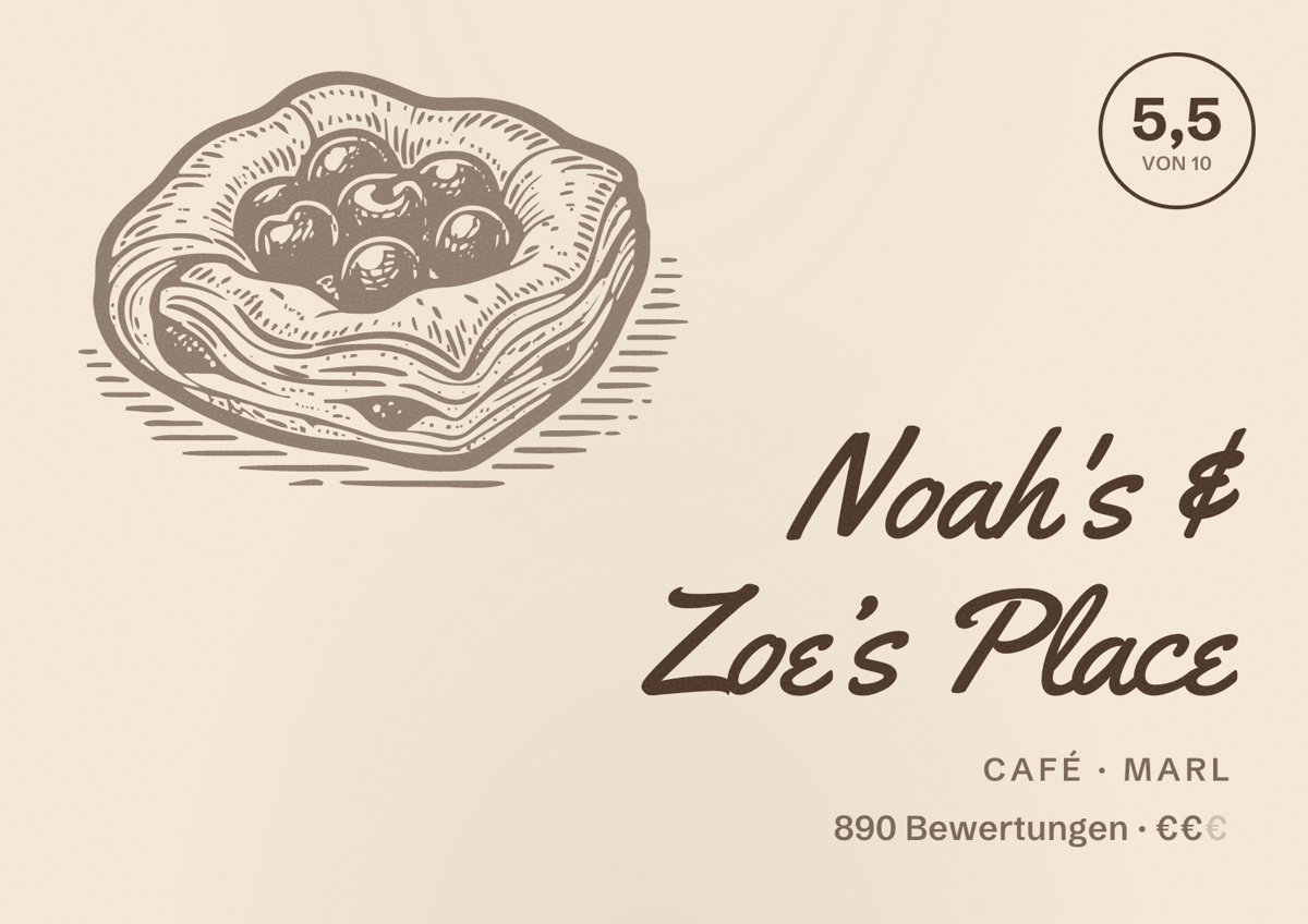 Illustriertes Poster von Noah's & Zoe’s Place, Café in Marl: Bewertung 5,5 von 10 aus 890 Bewertungen, Preisniveau €€