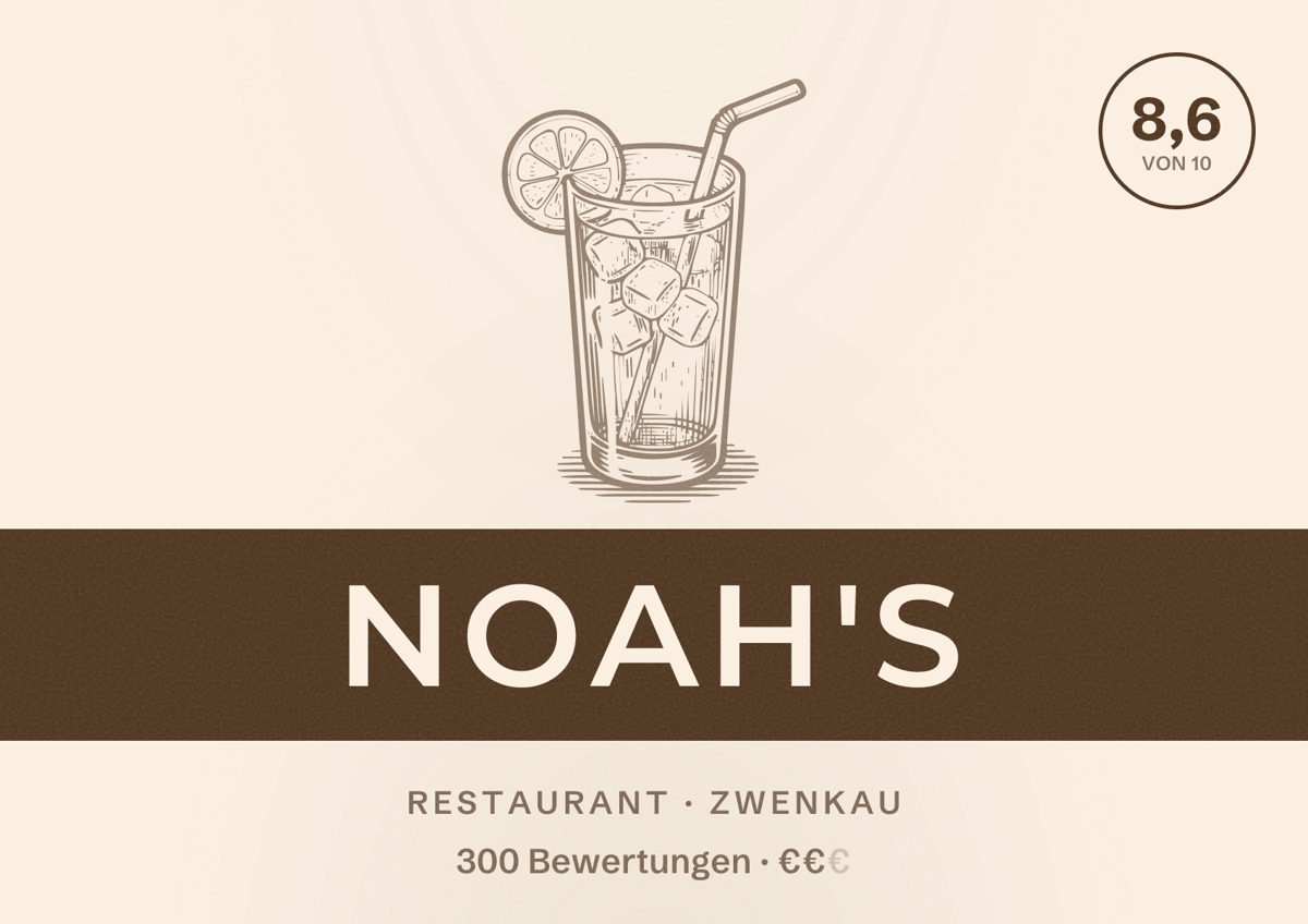 Illustriertes Poster von Noah's, Restaurant in Zwenkau: Bewertung 8,6 von 10 aus 300 Bewertungen, Preisniveau €€