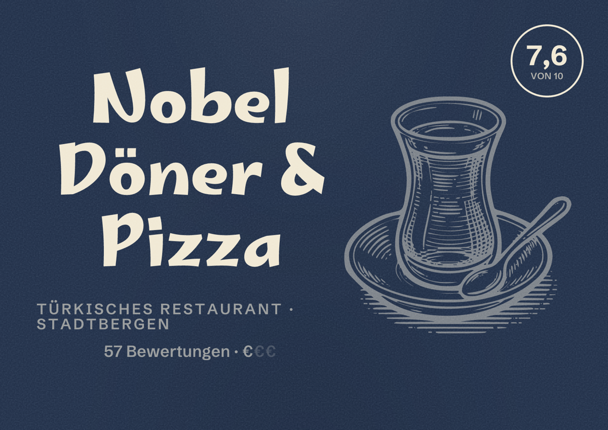 Illustriertes Poster von Nobel Döner & Pizza, Türkisches Restaurant in Stadtbergen: Bewertung 7,6 von 10 aus 57 Bewertungen, Preisniveau €