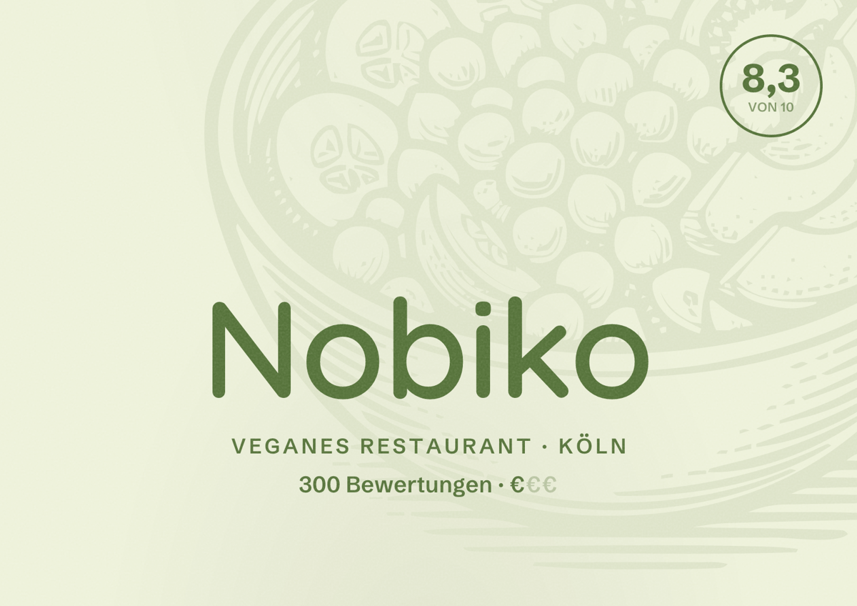 Illustriertes Poster von Nobiko, Veganes Restaurant in Köln: Bewertung 8,3 von 10 aus 300 Bewertungen, Preisniveau €