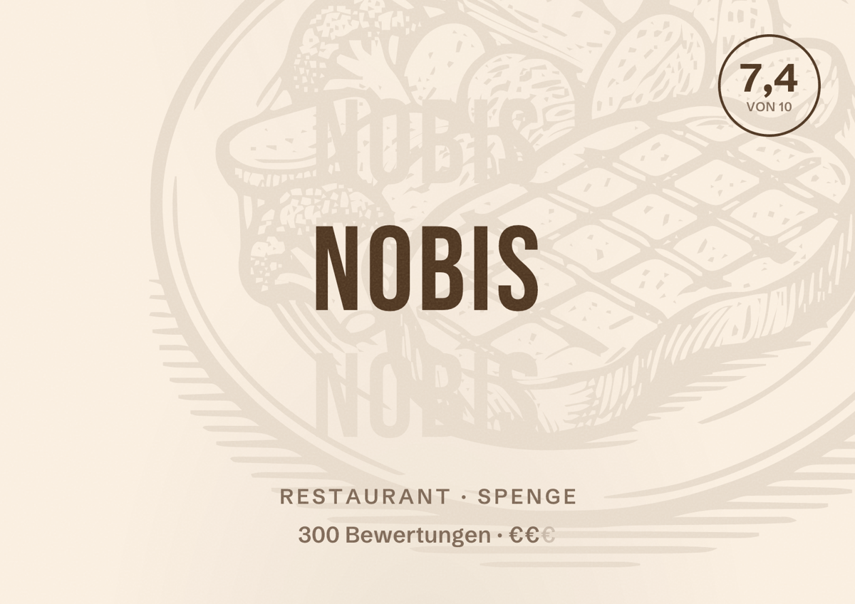 Illustriertes Poster von Nobis, Restaurant in Spenge: Bewertung 7,4 von 10 aus 300 Bewertungen, Preisniveau €€