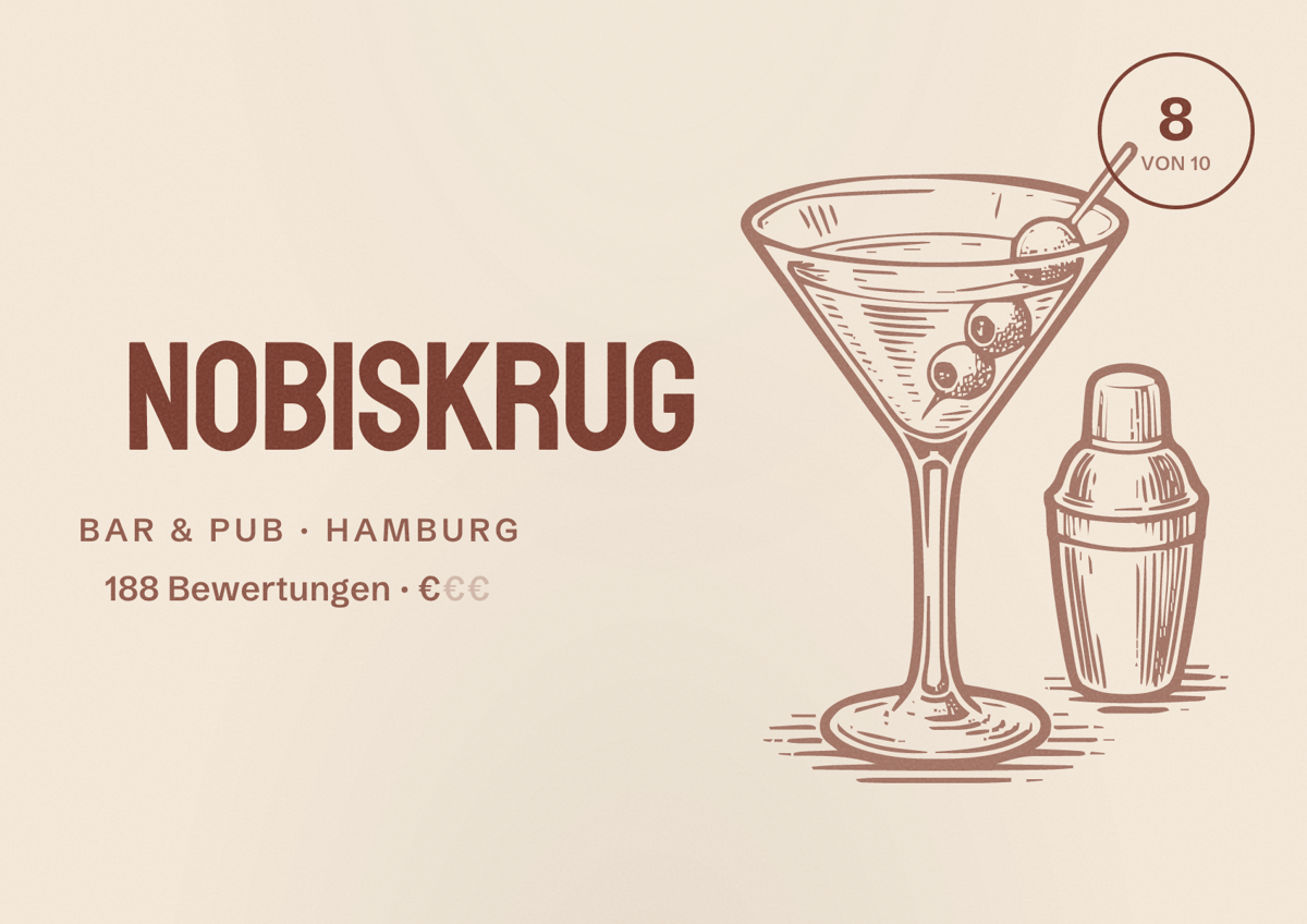 Illustriertes Poster von Nobiskrug, Bar & Pub in Hamburg: Bewertung 8 von 10 aus 188 Bewertungen, Preisniveau €