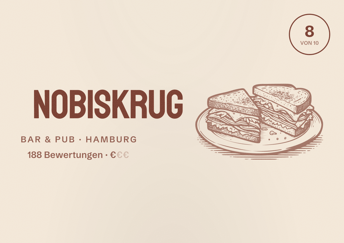 Illustriertes Poster von Nobiskrug, Bar & Pub in Hamburg: Bewertung 8,0 von 10 aus 188 Bewertungen, Preisniveau €