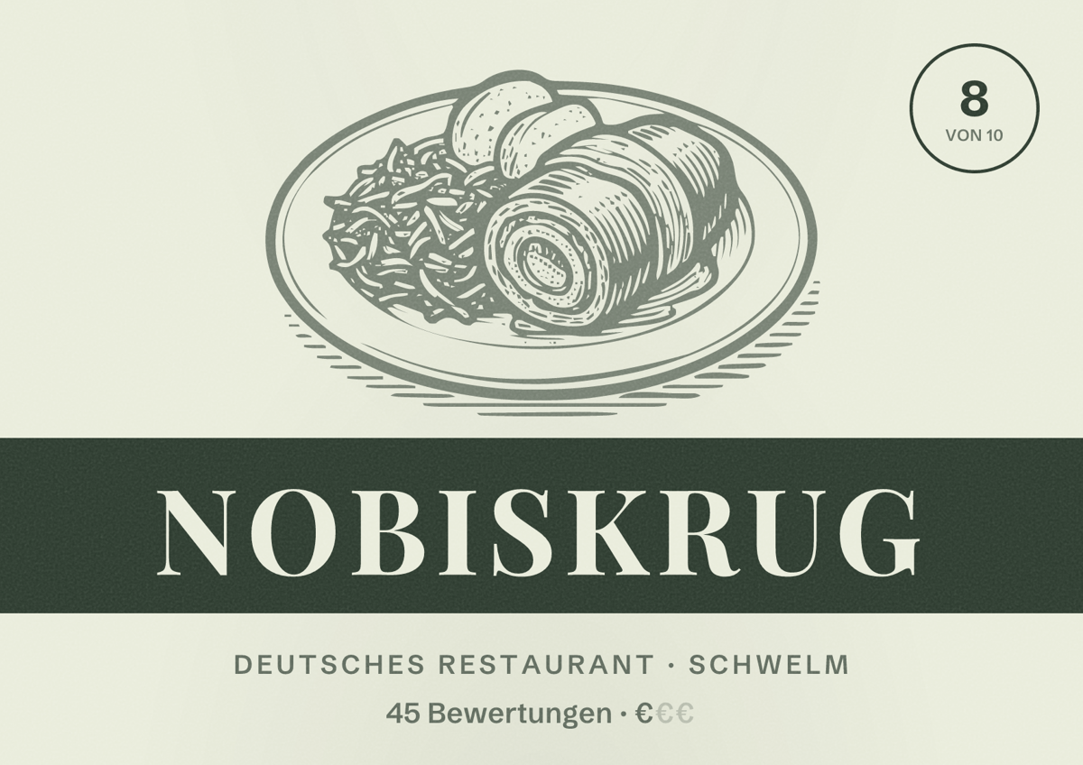 Illustriertes Poster von Nobiskrug, Deutsches Restaurant in Schwelm: Bewertung 8 von 10 aus 45 Bewertungen, Preisniveau €