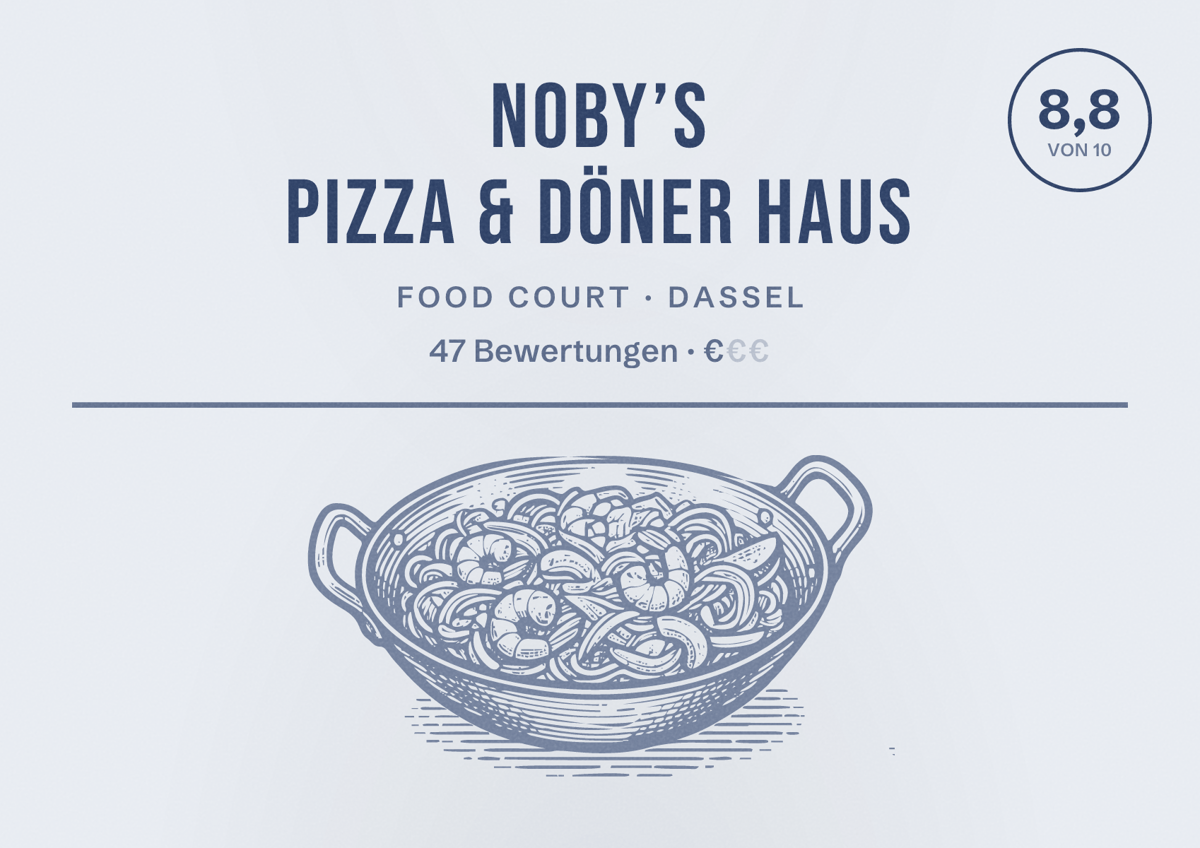 Illustriertes Poster von Noby’s Pizza & Döner Haus, Food Court in Dassel: Bewertung 8,8 von 10 aus 47 Bewertungen, Preisniveau €