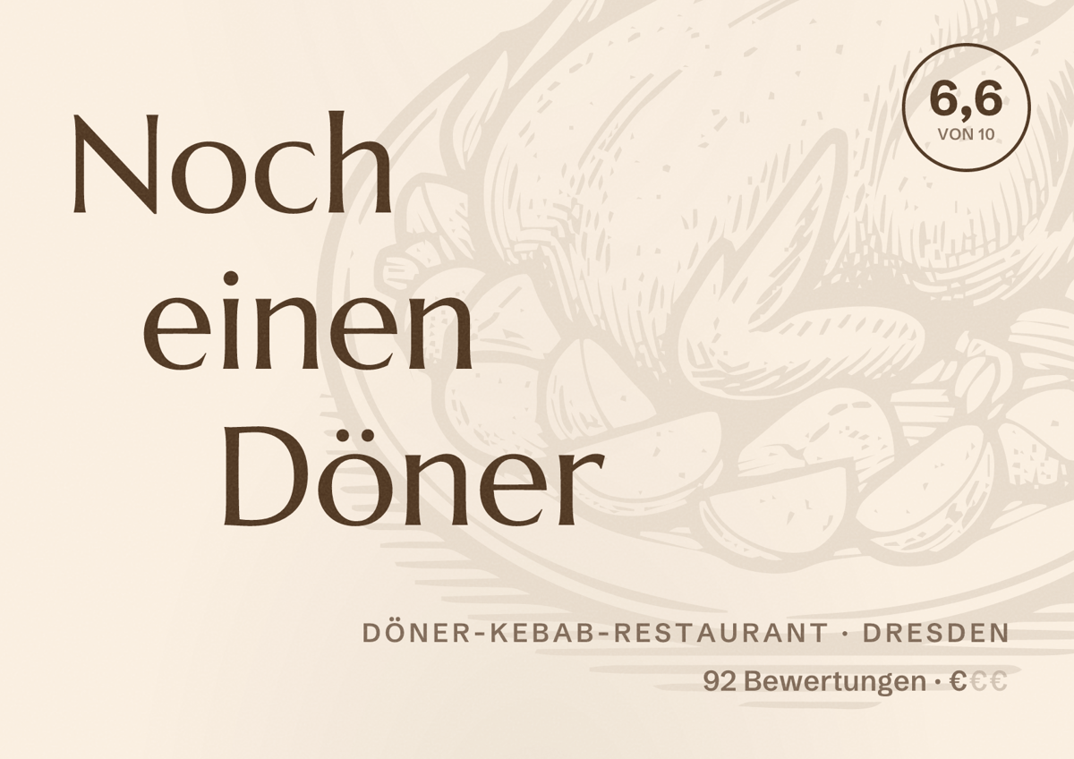Illustriertes Poster von Noch einen Döner, Döner-Kebab-Restaurant in Dresden: Bewertung 6,6 von 10 aus 92 Bewertungen, Preisniveau €