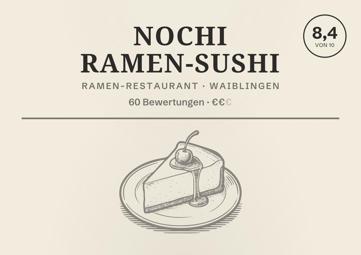 Illustriertes Poster von NOCHI Ramen-Sushi, Ramen-Restaurant in Waiblingen: Bewertung 8,4 von 10 aus 60 Bewertungen, Preisniveau €€