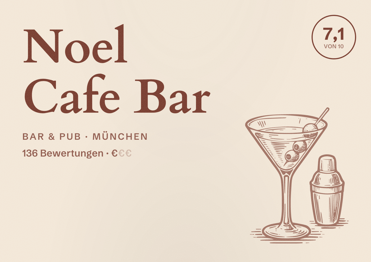Illustriertes Poster von Noel Cafe Bar, Bar & Pub in München: Bewertung 7,1 von 10 aus 136 Bewertungen, Preisniveau €