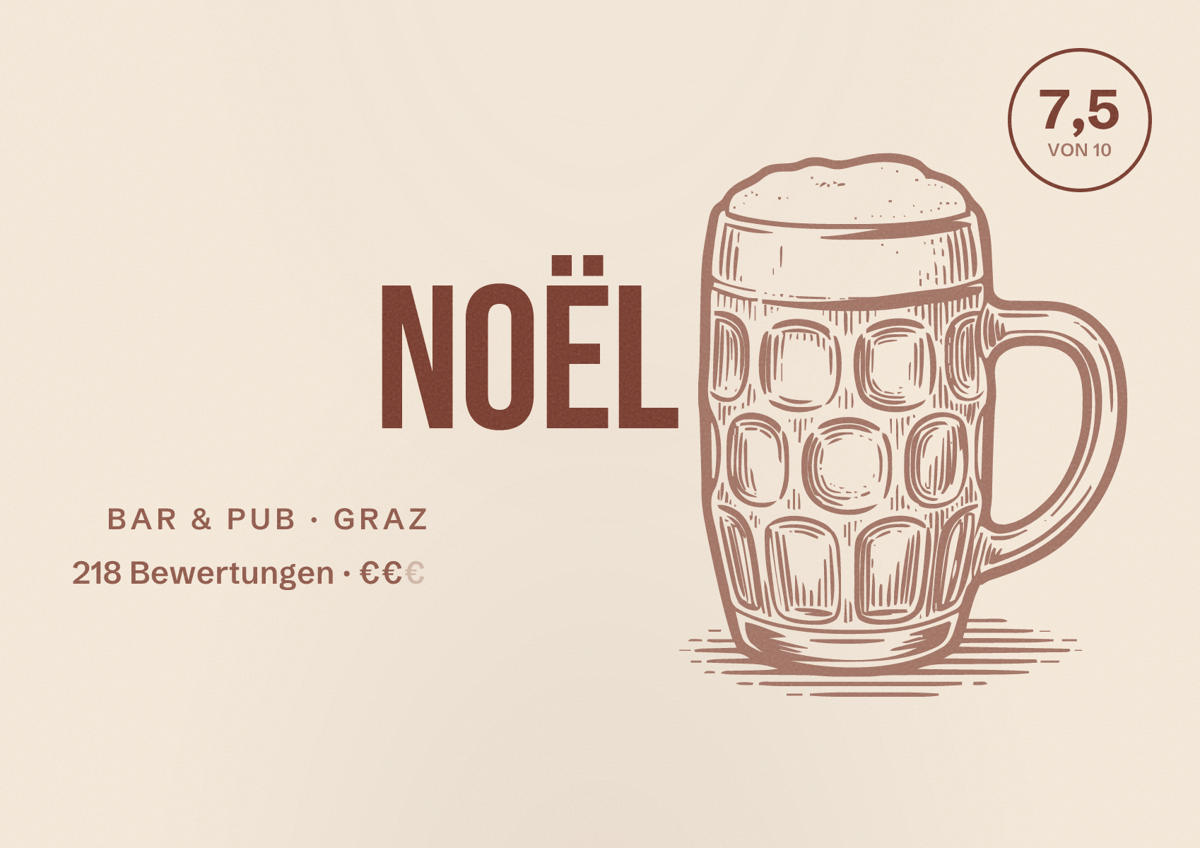 Illustriertes Poster von noël, Bar & Pub in Graz: Bewertung 7,5 von 10 aus 218 Bewertungen, Preisniveau €€