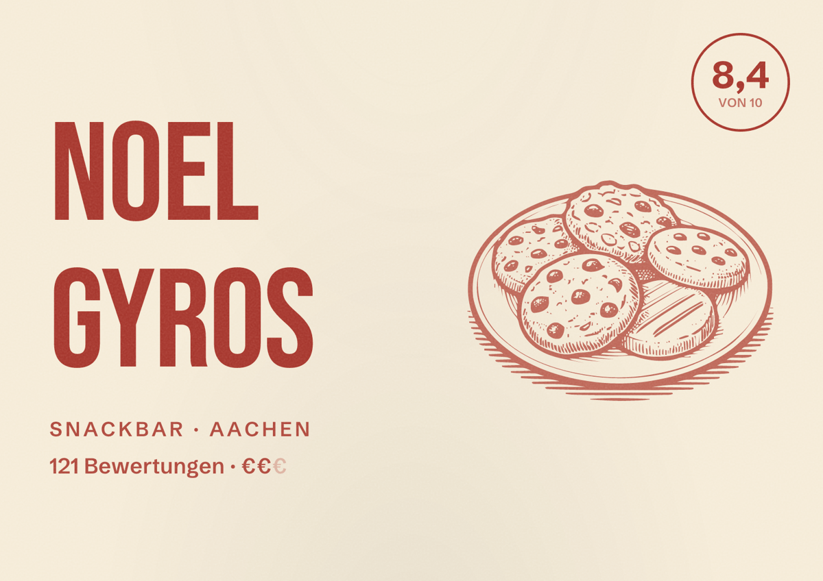 Illustriertes Poster von Noel Gyros, Snackbar in Aachen: Bewertung 8,4 von 10 aus 121 Bewertungen, Preisniveau €€