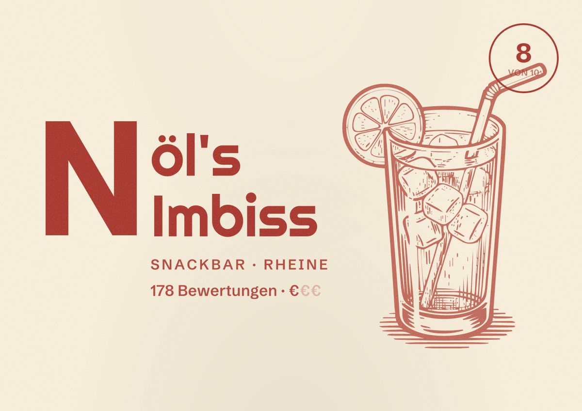 Illustriertes Poster von Nöl's Imbiss, Snackbar in Rheine: Bewertung 8 von 10 aus 178 Bewertungen, Preisniveau €