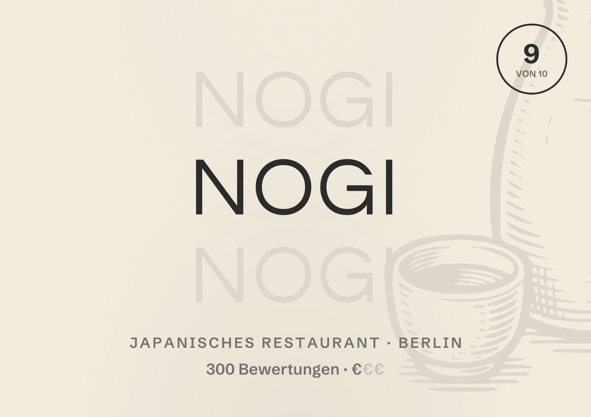 Illustriertes Poster von NOGI, Japanisches Restaurant in Berlin: Bewertung 9,0 von 10 aus 300 Bewertungen, Preisniveau €