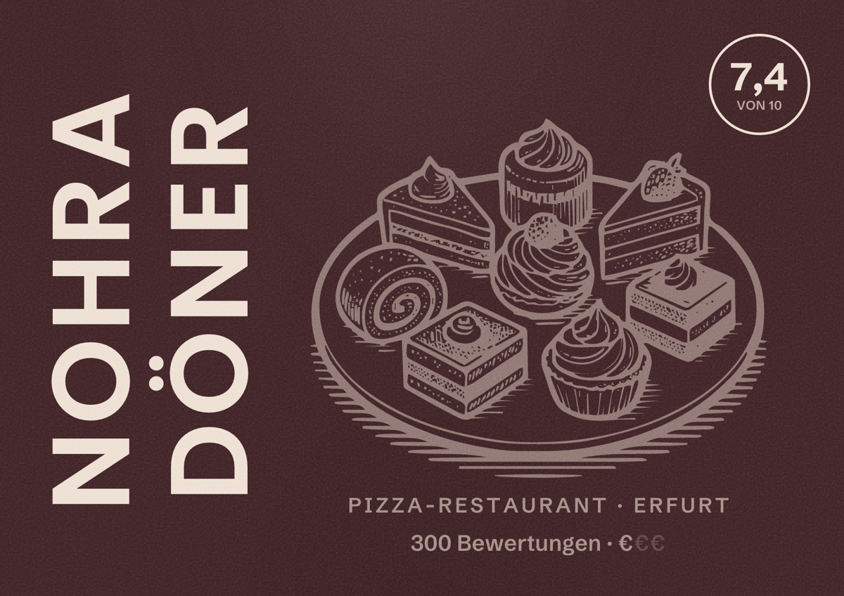 Illustriertes Poster von NOHRA DÖNER, Pizza-Restaurant in Erfurt: Bewertung 7,4 von 10 aus 300 Bewertungen, Preisniveau €