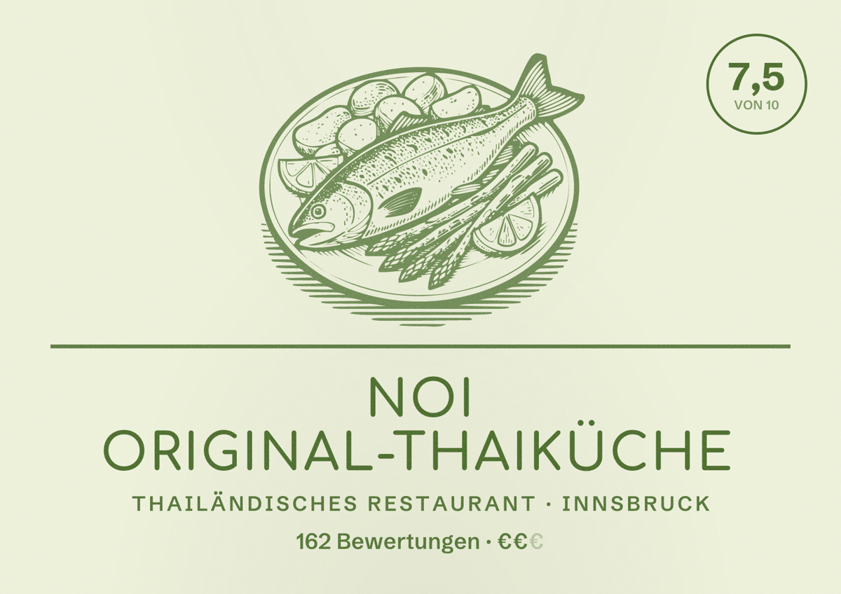 Illustriertes Poster von NOI Original-Thaiküche, Thailändisches Restaurant in Innsbruck: Bewertung 7,5 von 10 aus 162 Bewertungen, Preisniveau €€