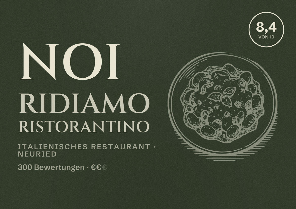 Illustriertes Poster von Noi ridiamo Ristorantino, Italienisches Restaurant in Neuried: Bewertung 8,4 von 10 aus 300 Bewertungen, Preisniveau €€